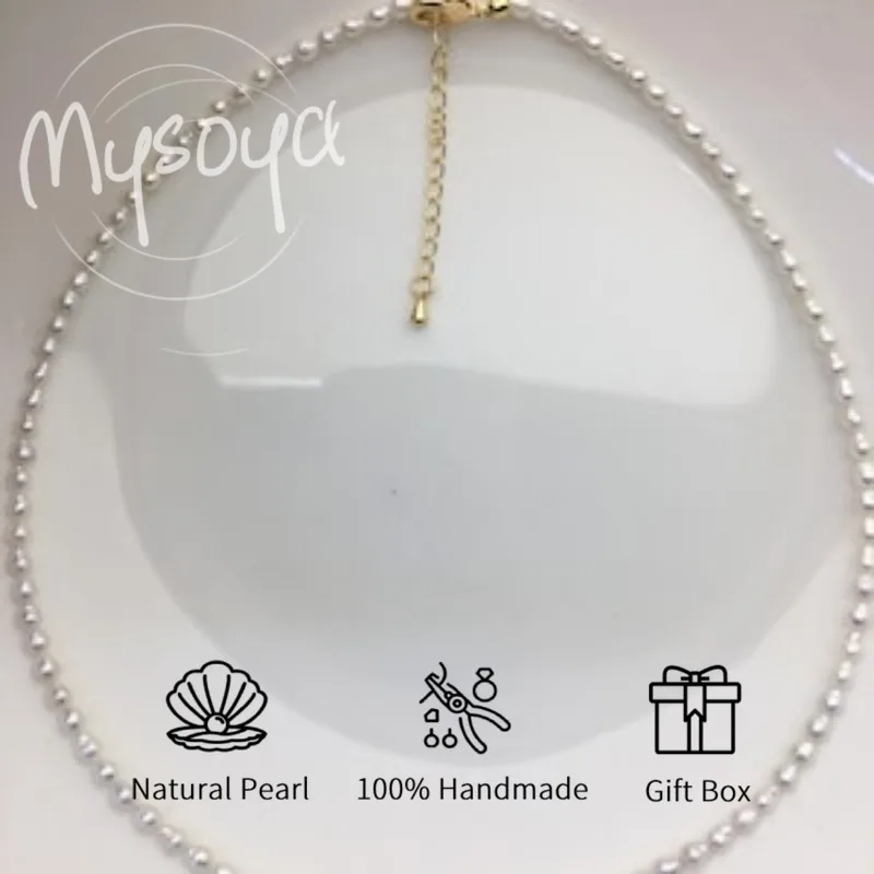 

MYSOYA White Rice-Shaped Baroque Freshwater Pearl Necklace 3-4mm With Gift Box, For Her/Him, Birthday/WeddIng/Christmas/New Year