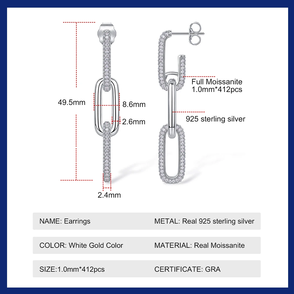 Sweetrain 18k Plated All Moissanite Earrings 925 Sterling Silver Paperclip Link Drop Dangle Earrings for Women Trendy Jewelry