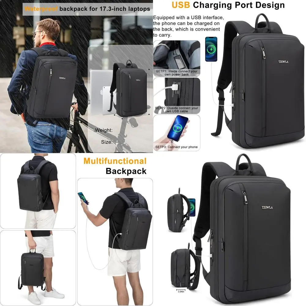 Mochila Expandible para Portátil Tzowla Busin, para Hombre, Profesional, Delgada, Impermeable, para Viajes/Trabajo/Oficina/Universidad, con USB/Tipo C