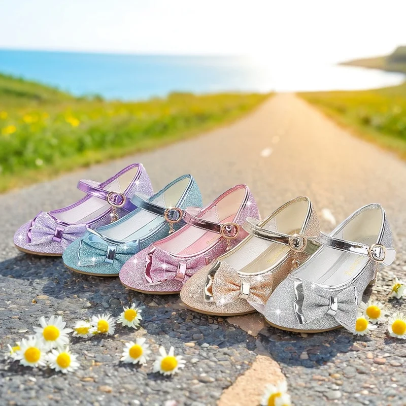 Girls Leather Shoes Butterfly Knot High-Heel Shiny Crystal Shoes Kids Leather Shoes Children's Single Shoes Slver Pink