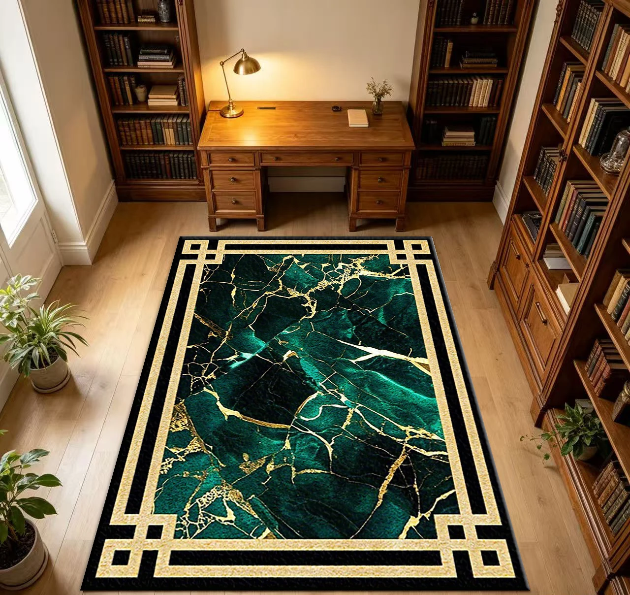 Luxury Green Marble Gold Vein Area Rug Chinese Frame Style Carpet for Living Room Bedroom Indoor Home Ornament Decor