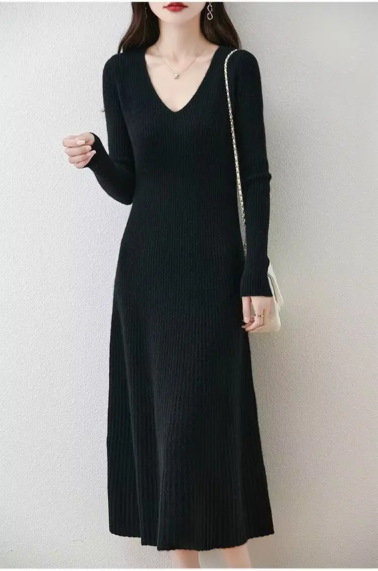 Vestido de punto con cuello en V para mujer, longitud media hasta la pantorrilla, estilo tubo ajustado, ropa de oficina elegante, diseño de jersey de manga larga para Otoño e Invierno