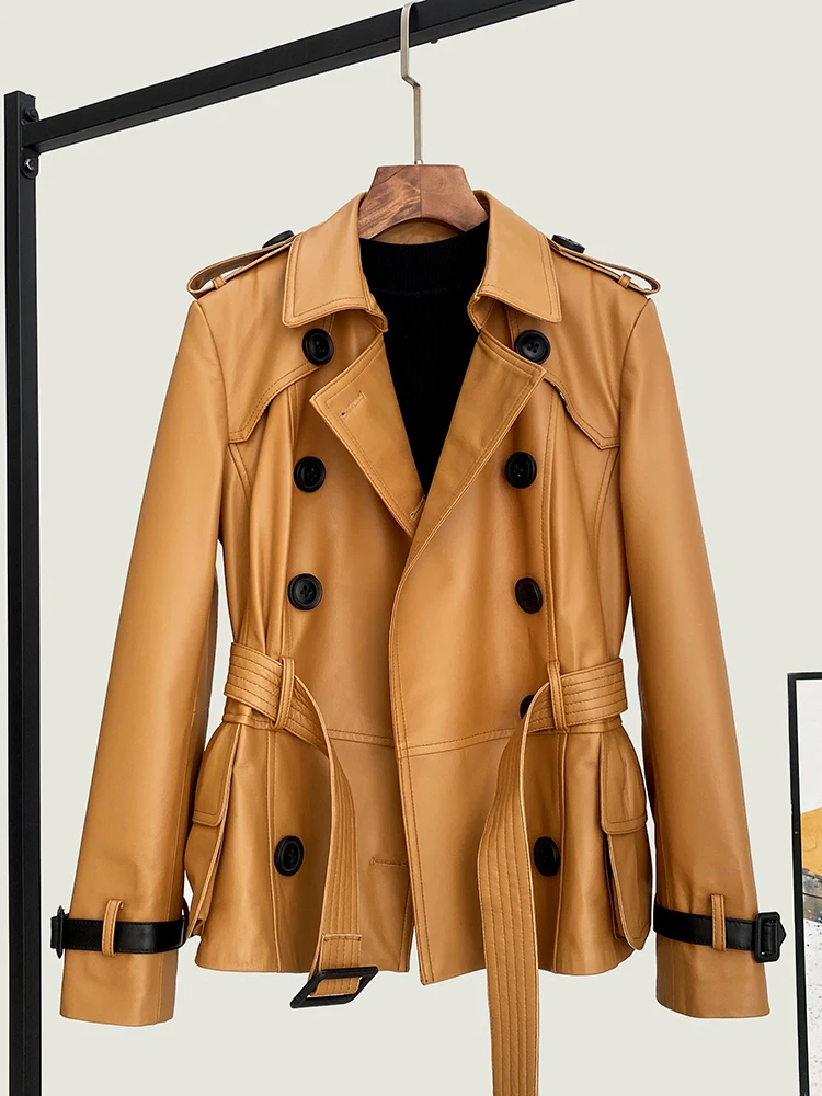 2025 Autunno Genuino Giacca di pelle di pecora in pelle Moda donna Cappotto in pelle doppio petto casual legato in vita Arancione Taglie forti