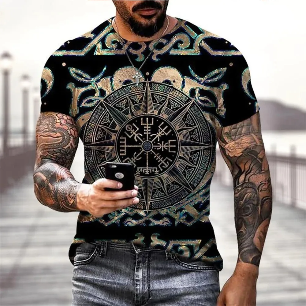 

Classic Vintage Viking Tattoo Pattern 3d Printed Round Neck Short Sleeve Loose Personality Fashion Casual Breathable Jumper