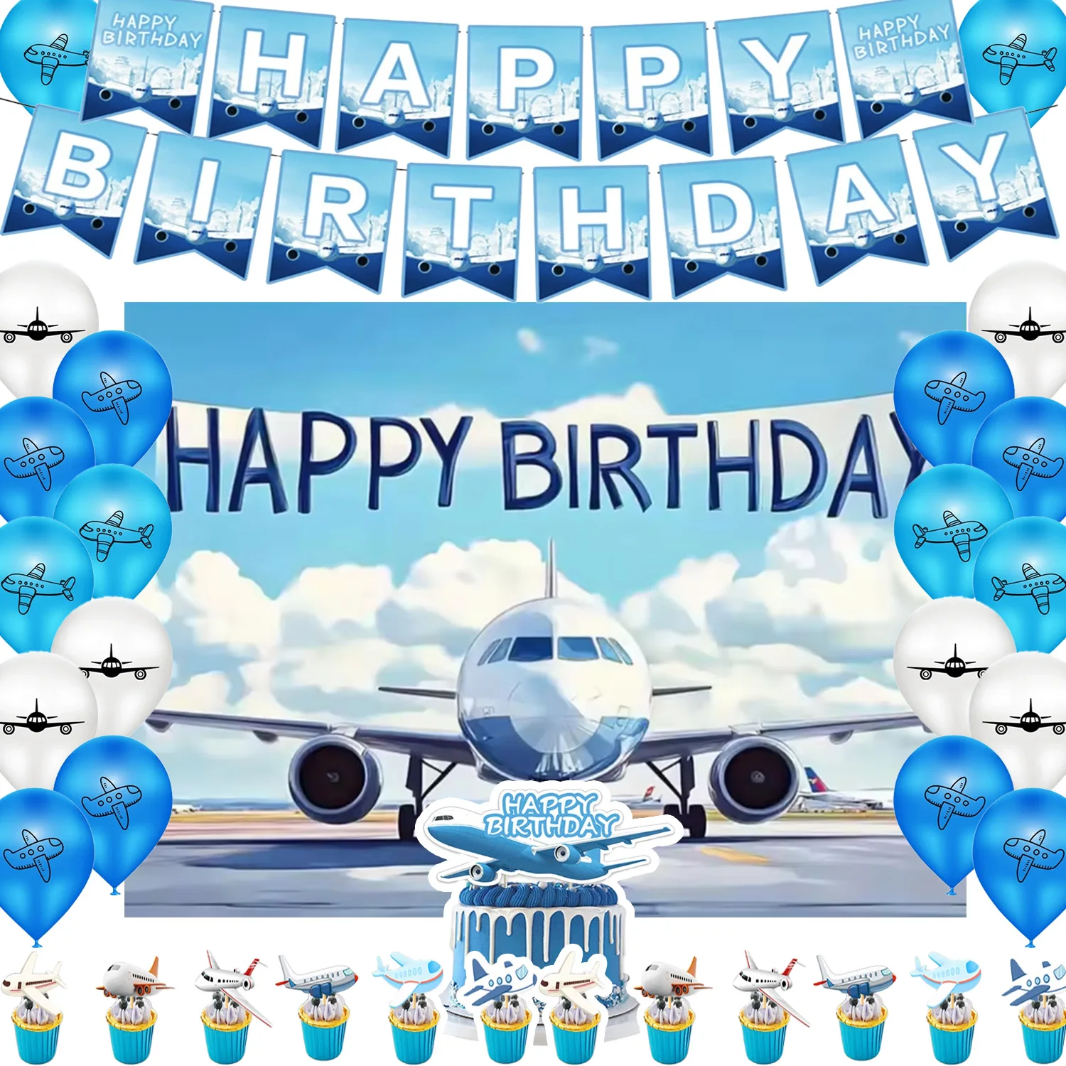 

Airplane Theme Birthday Party Decorations Number Balloon Cake Topper Banner Blue Aircraft Backdrop Kid Boys Prop Party Supplies