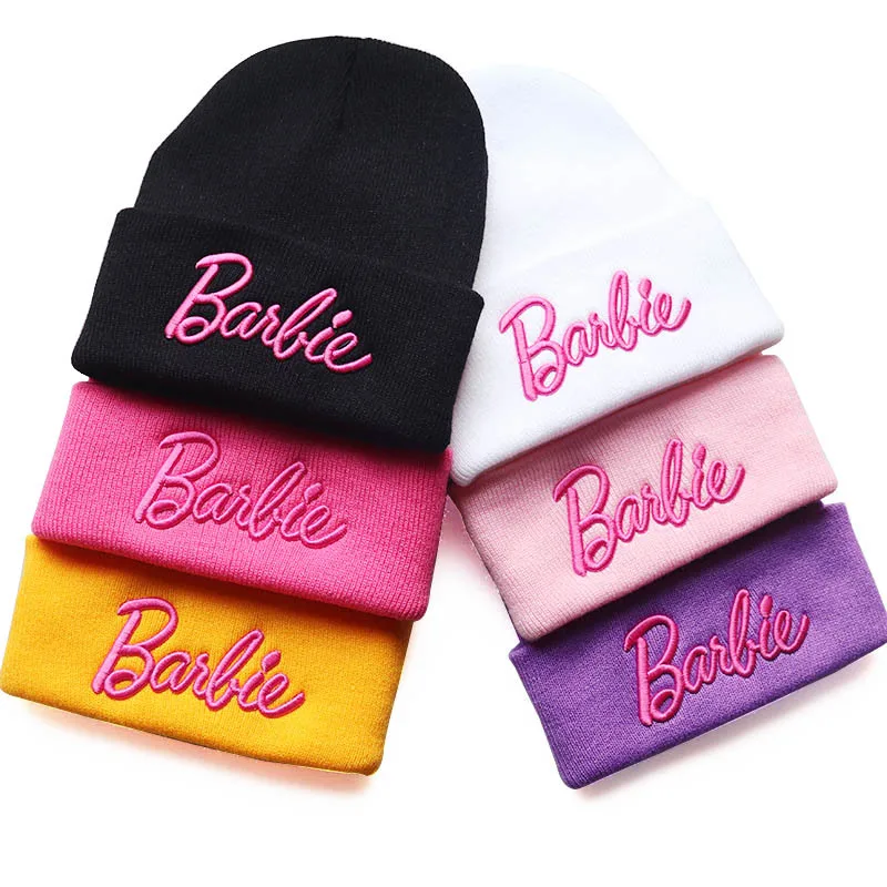 Kawaii Knitted Hat Barbie Letter Embroidery for Girls Women Pink Warm Skiing Cap Outdoor Wear Winter Beanies Clothes Accessories