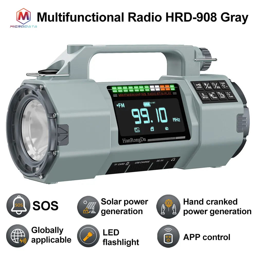 Nieuwe multifunctionele buitenradio FM/MW/SW/VHF/WB, handmatige noodgenerator, LED-zaklamp noodopladen SOS-alarm, 5000 mAh