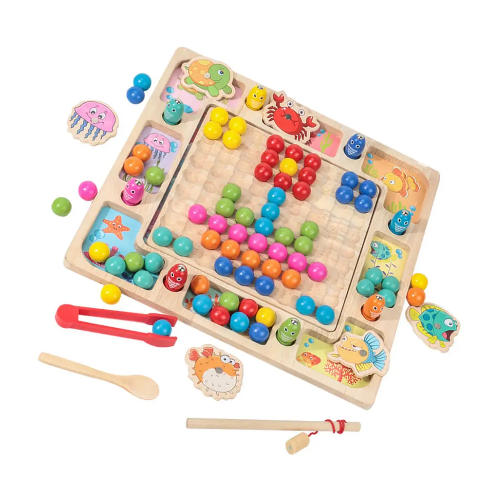 1Set Multifunctional Beads Clipping Educational Game Wooden Fishing Board Early Learning Color Recognition
