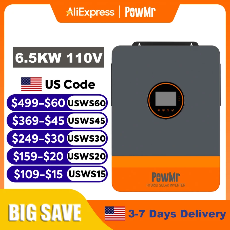 PowMr 6.5KW Split Phase Inverter 48V 110V 220V with MPPT 140A Solar Battery Charger Dual Input Parallel Up to 6 Units RS485 CAN