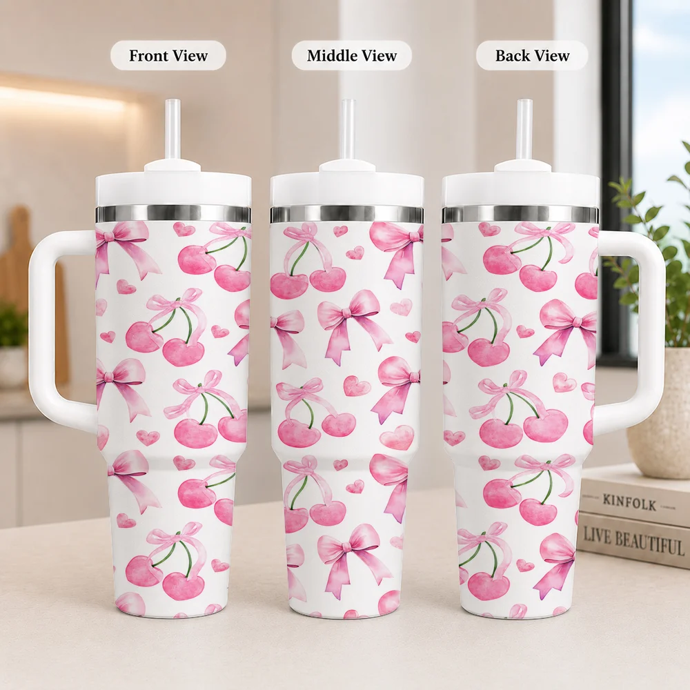 Coquette Bow Cute Y2K Girly Aesthetic Vacuum Flasks 40oz Leakproof Steel Tumbler w/ Lid Straw Handle Hot Cold Drinks