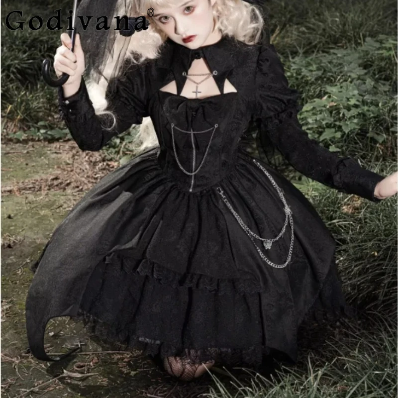 

New Fashion Versatile High Waist A-line Op Daily Lolita Dress Spring Autumn Girl Retro Gothic Dark Long Sleeve Princess Dresses