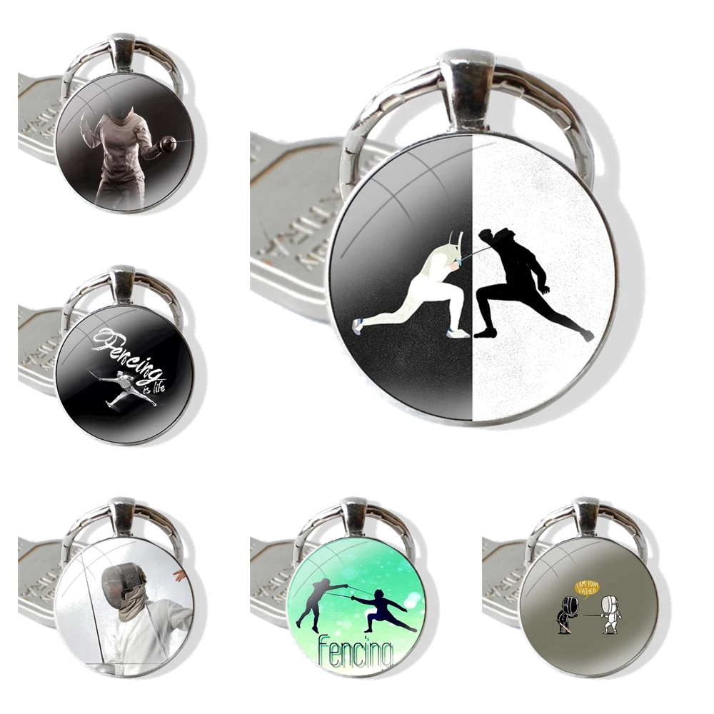 Sport fencing Keychain Handmade Glass Cabochon Key Ring Holder Pendant Key Chains