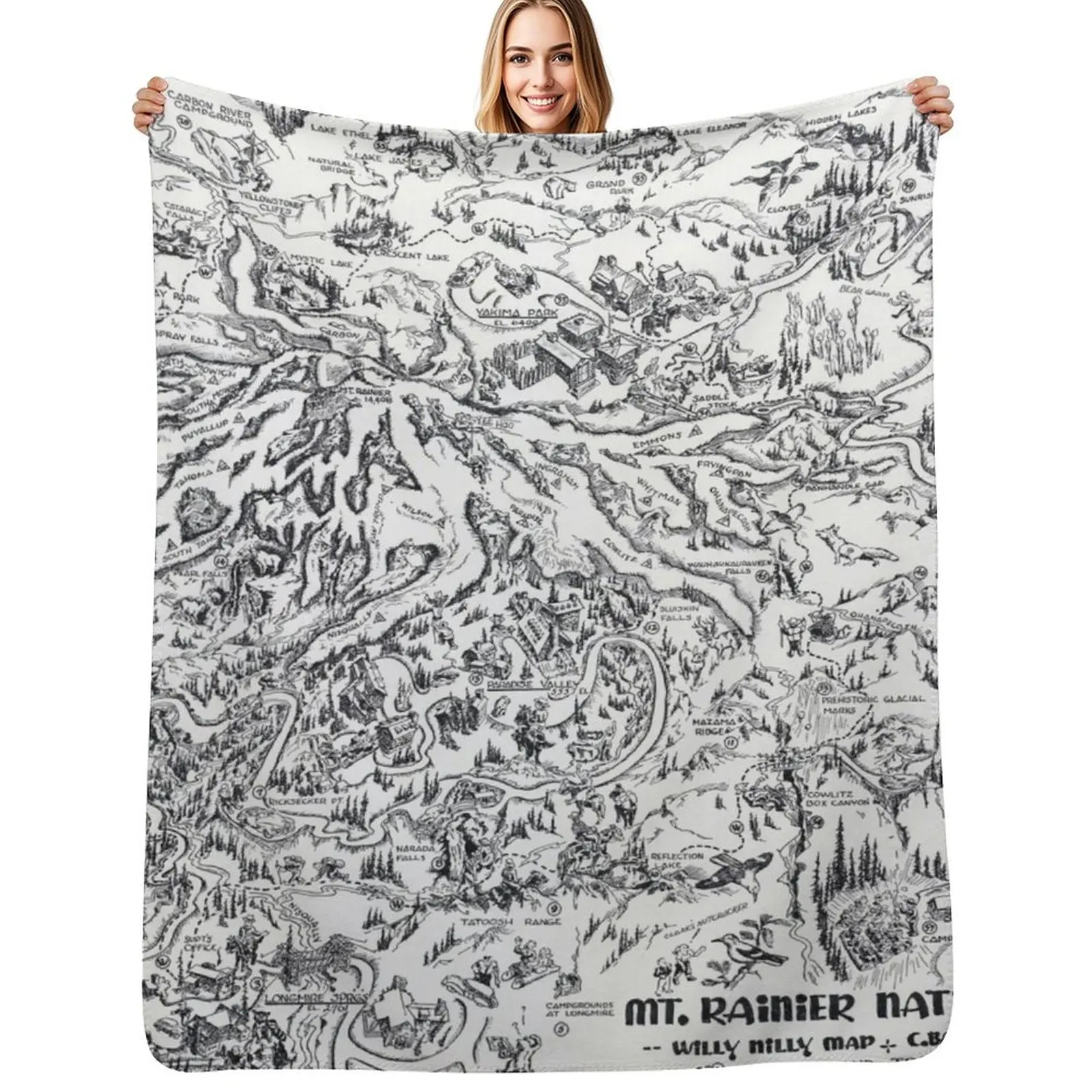 

Vintage Map Mount Rainier Pictorial Travel Throw Blanket Warm Flannel Blanket for Couch Chair Bedroom