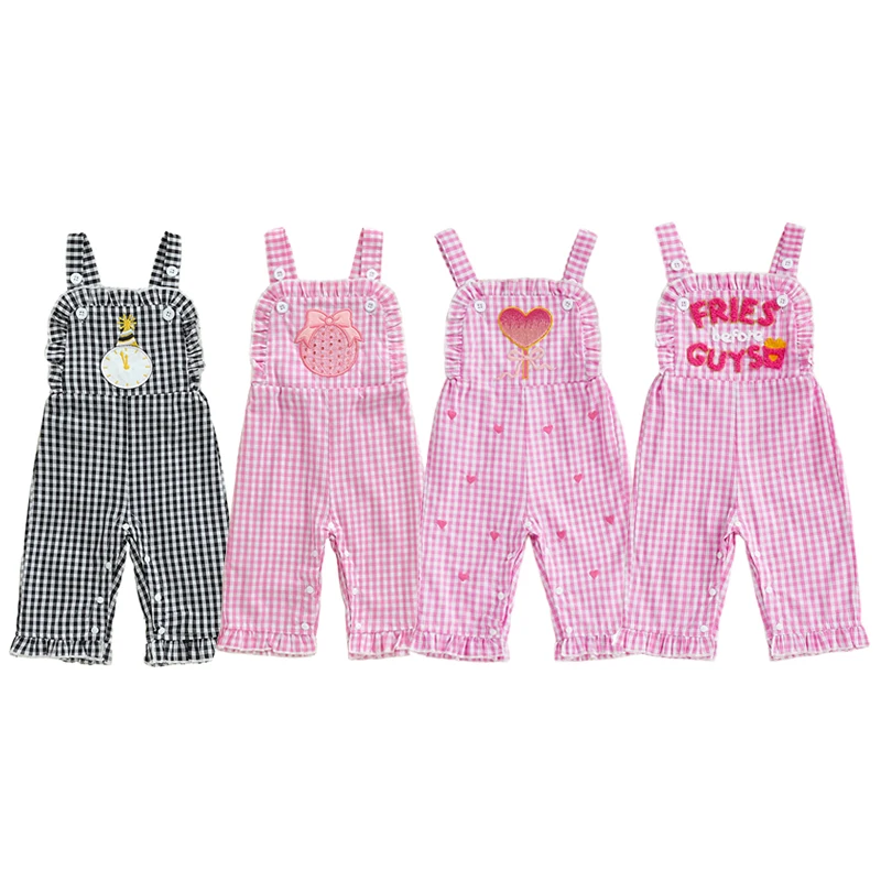

0-18M Infant Newborn Baby Girls Overalls Cute Plaid Letter Embroidery Button Jumpsuit Clothes for Valentine's Day New Year