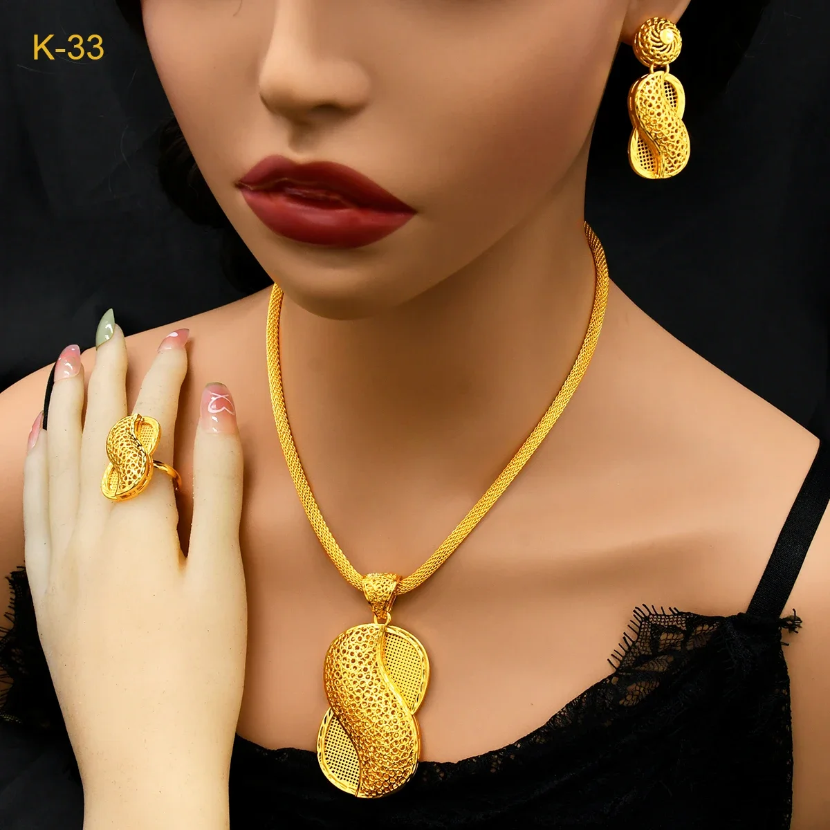 

New Design Dubai 24k Gold Color Jewelry Set For Women Fashion Necklace Earring Ring Set Exquisite Party Wedding Gifts Jewellery