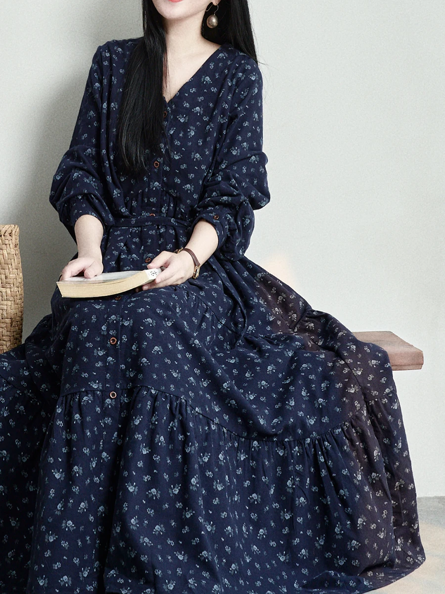 

Artistic Thiened Cotton Print Button Dr French Sle Long Sve V-Ne H-ape Casual Single Button Closure Dr