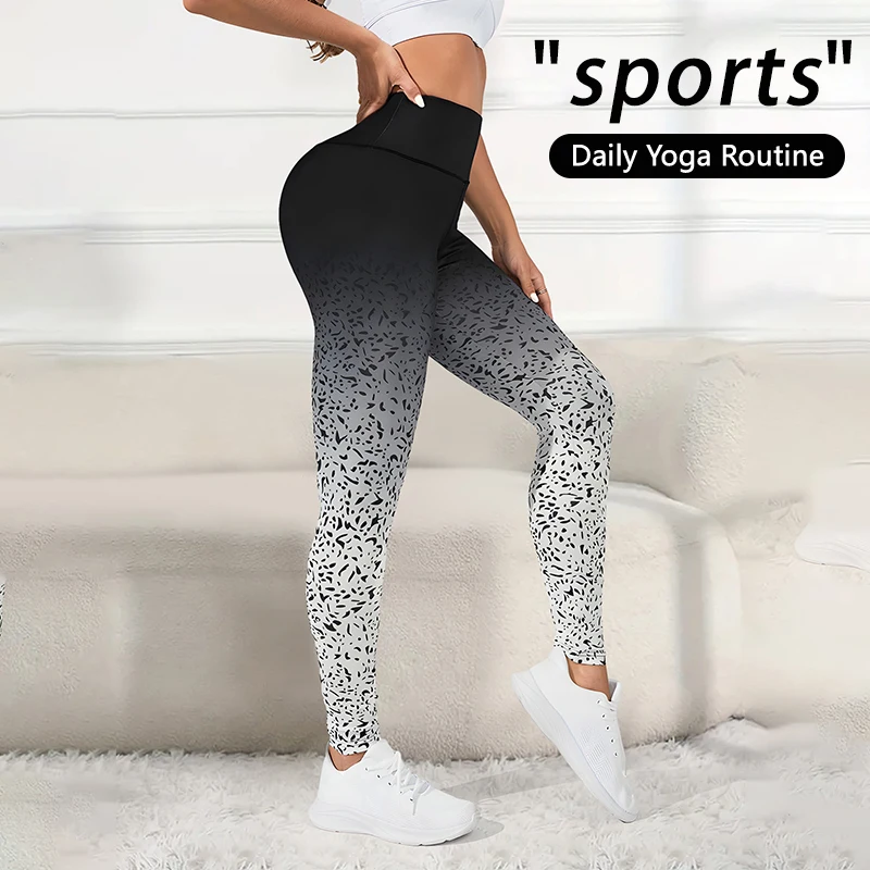 

Women High Waist Gradient Print Yoga Leggings Push Up Hip Lifting Stretchable Non See Through Workout Gym Running Dance Pants