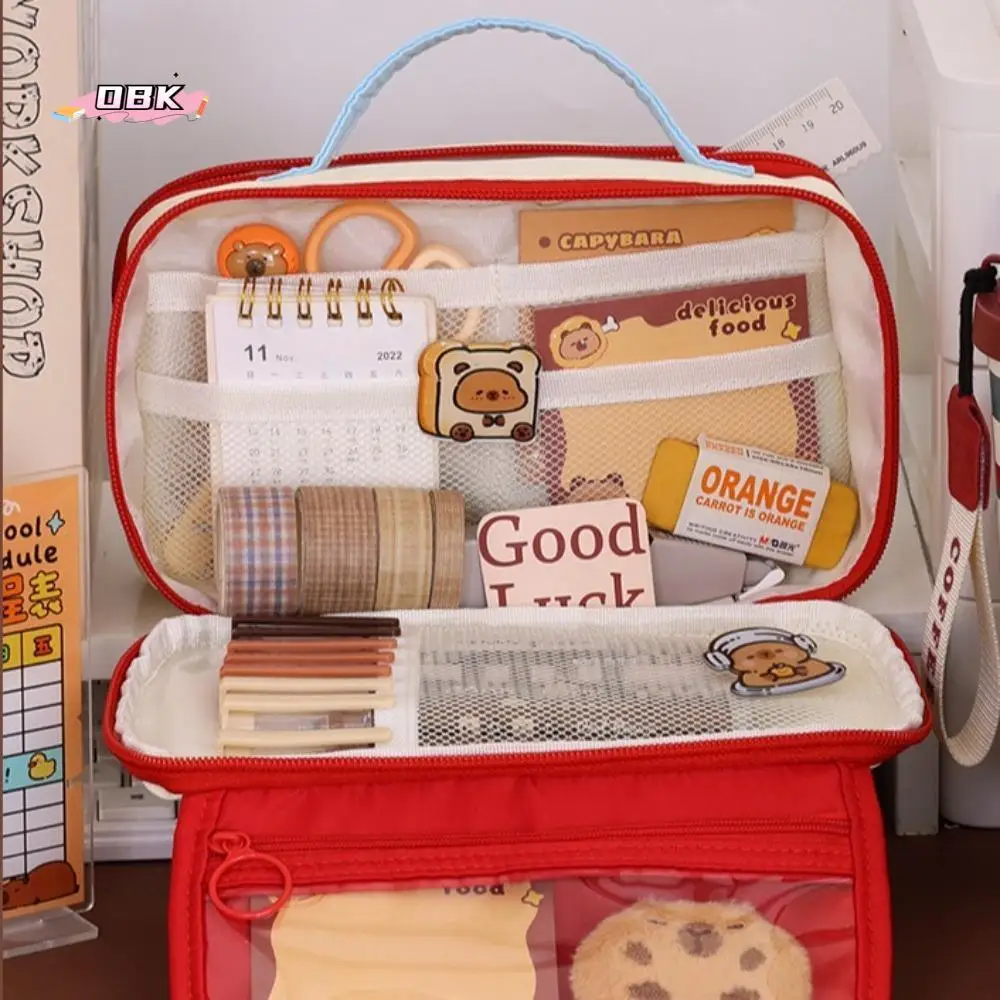 

Kawaii Large Capacity Canvas Pencil Case Multi Layers Portable Stationery Storage Bag Holder Zipper Makeup Bag Office Supplies