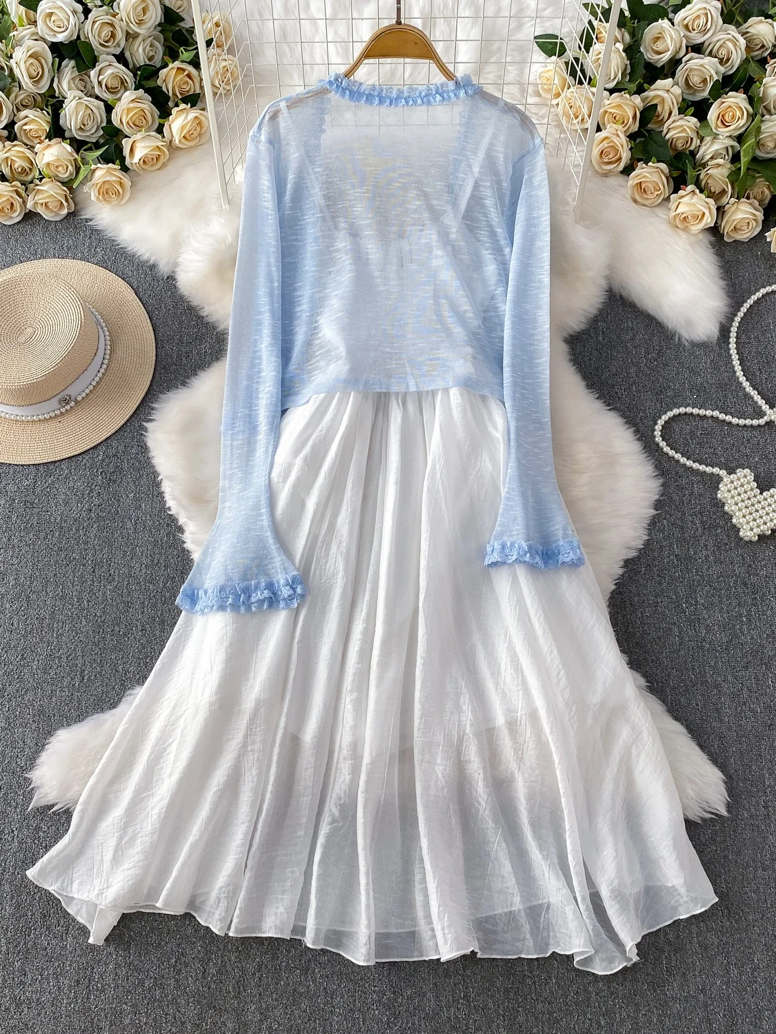 

Blue Sun Protection Outerwear Set with Flared Sves And Wood ain Ruffle Design Fairy Vaion Dr with Tassel Strap