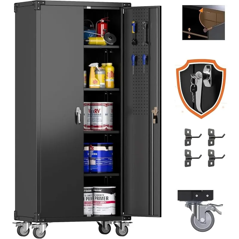 Metal Storage Cabinet with Wheels and Pegboard, 72