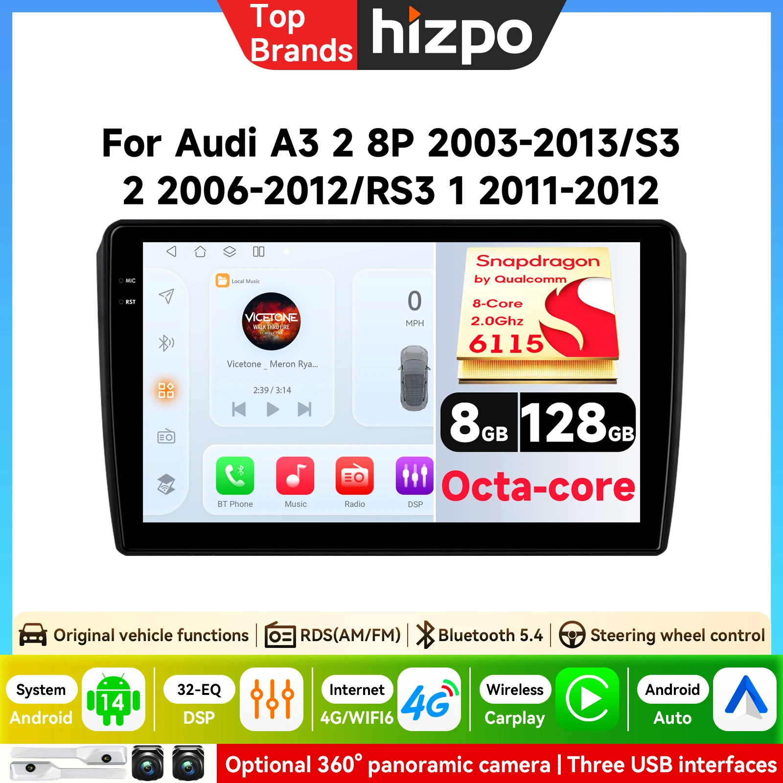 Autoradio da 9 pollici per Audi A3 8P S3 Rs3 2003-2012 Carplay Android Auto FM RDS DSP BT GPS Navi SWC Schermo Touch HD IPS Plug & Play Lettore Multimediale Chiamate Vivavoce Unità Principale