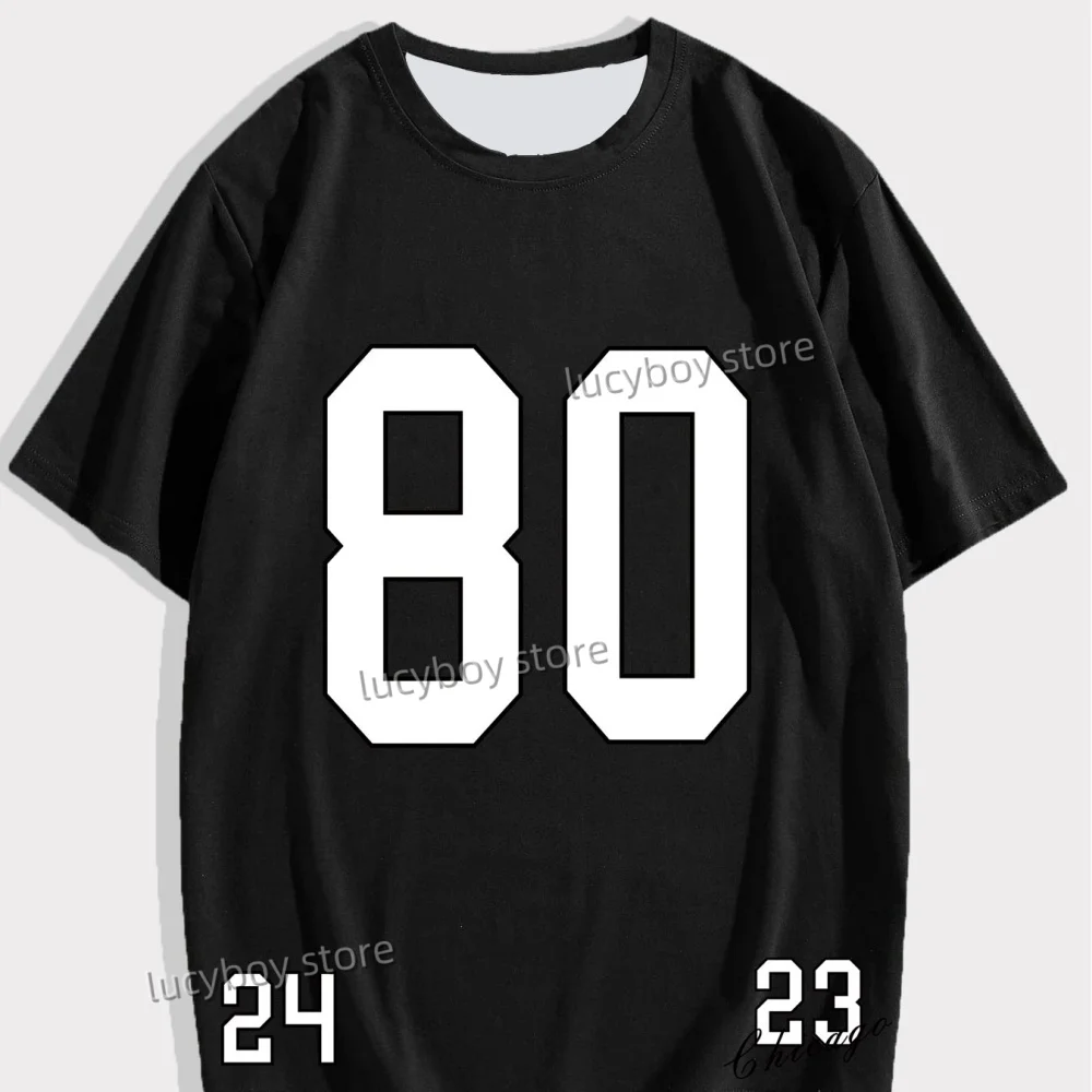 

2025 Men NUMBER 80 Print American Style T-Shirt Man Short Sleeve round -Neck sport Tee Vintage Basketball T-shirt Men Clothes