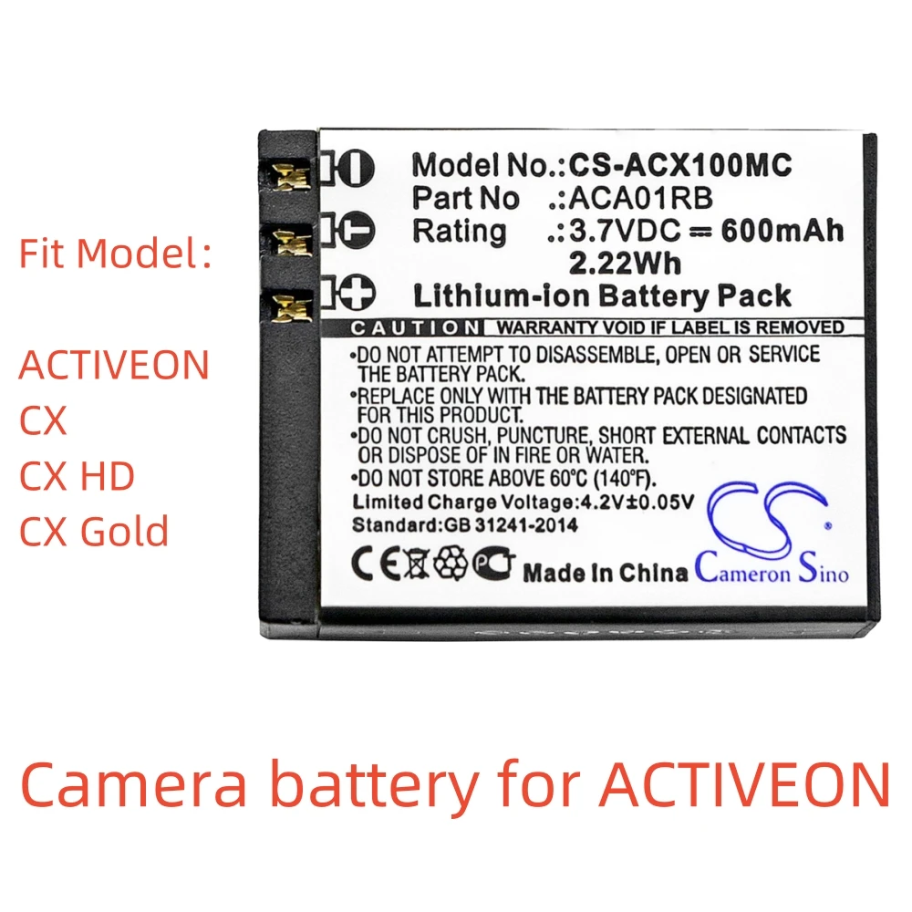 

Li-Polymer Camera battery for ACTIVEON,3.7V,600mAh,CX HD CX Gold,ACA01RB