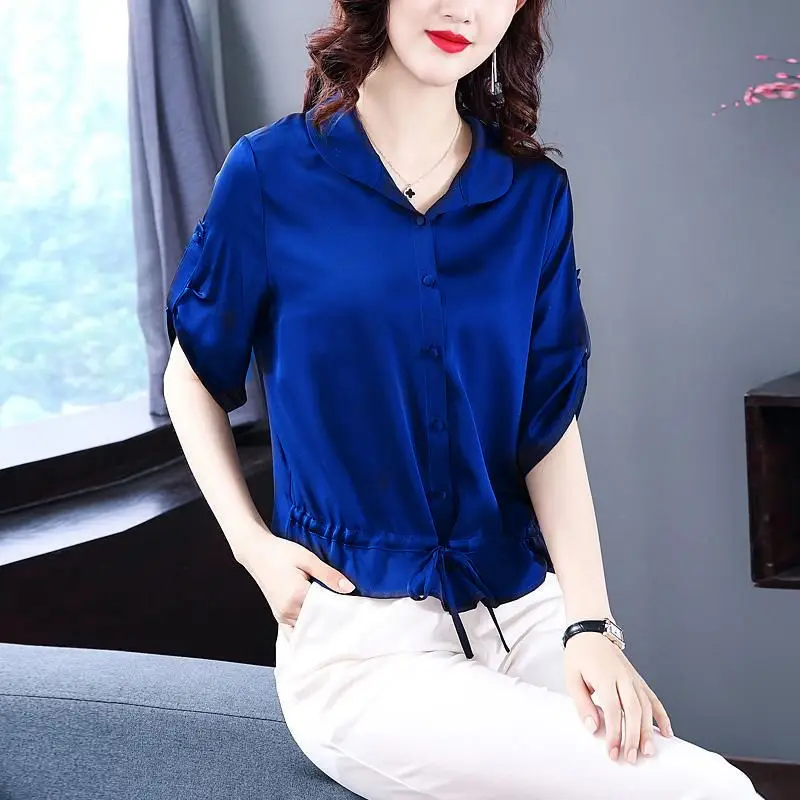 Summer Temperament Fashion Commuting Simple and Loose Casual Oversize Lapel Waist Collection Solid Color Short Sleeved Shirt