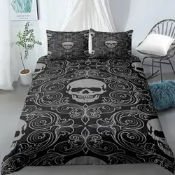 Skull Duvet Cover Set Queen Black Skeleton Paisley Floral Pattern Bedding Set For Teen Adult Polyester Halloween Comforter Cover
