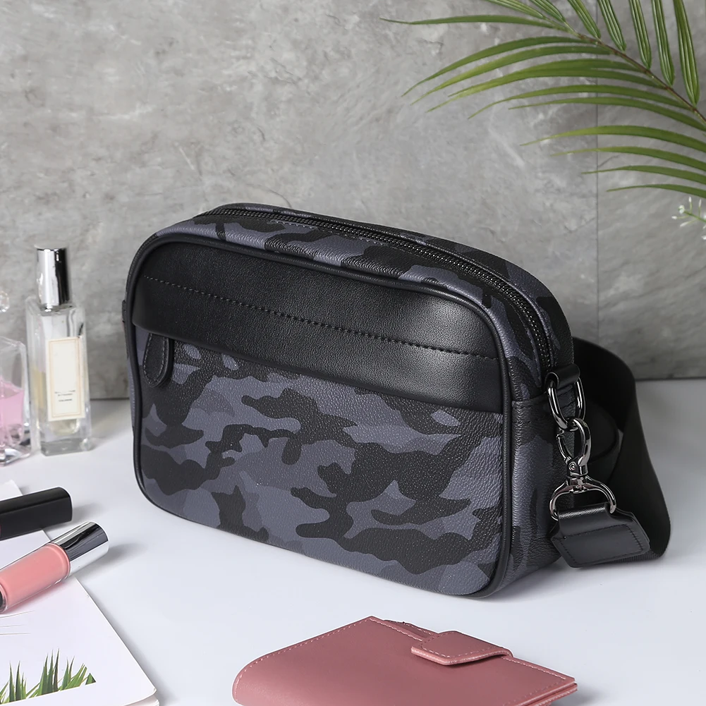 Casual Business Shoulder Bag for Men PU Leather Messenger Bag Wide Strap Crossbody Bags Square Plaid Designer Male Sling Purses