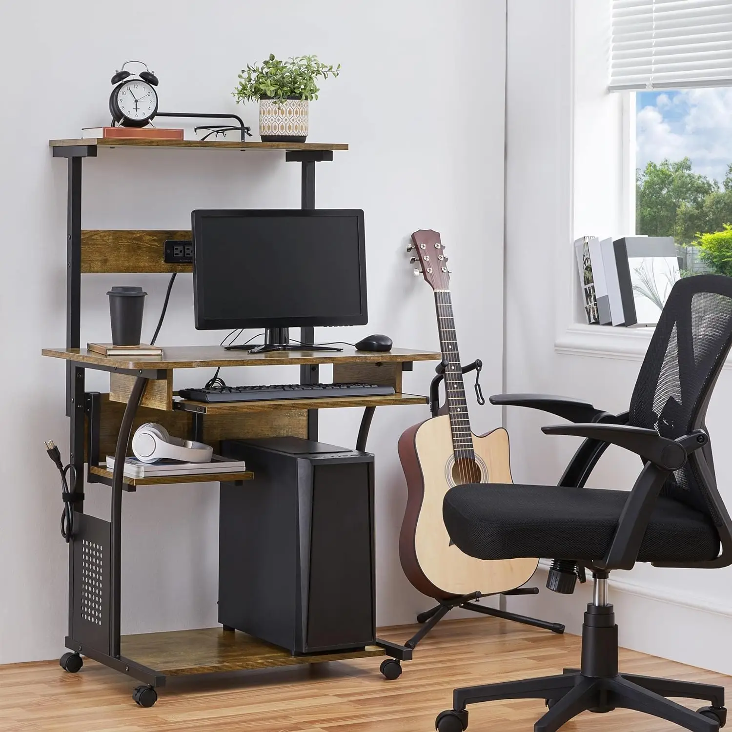 3-layer wheeled rolling computer desk with charging station and keyboard tray, with power outlet and USB port