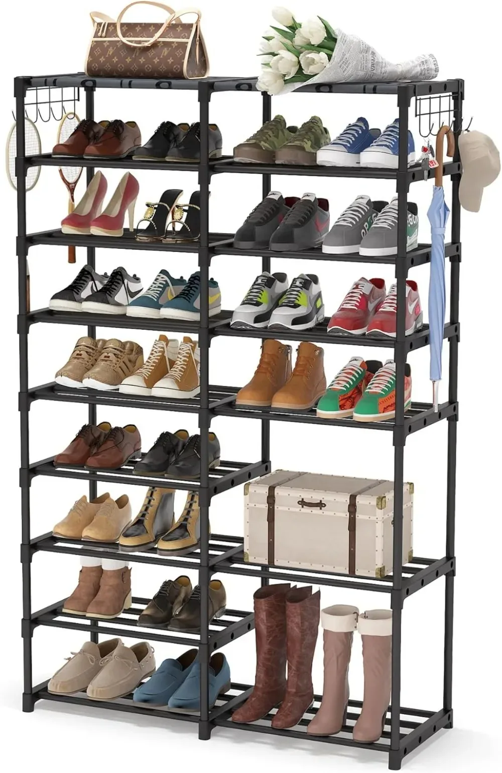 

Tribesigns Shoe Rack Organizer,32-40 Pairs Storage Shelf, 9 Tiers Stand,for Closet, Boot Organizer with 2 Hooks, Stackable Tower