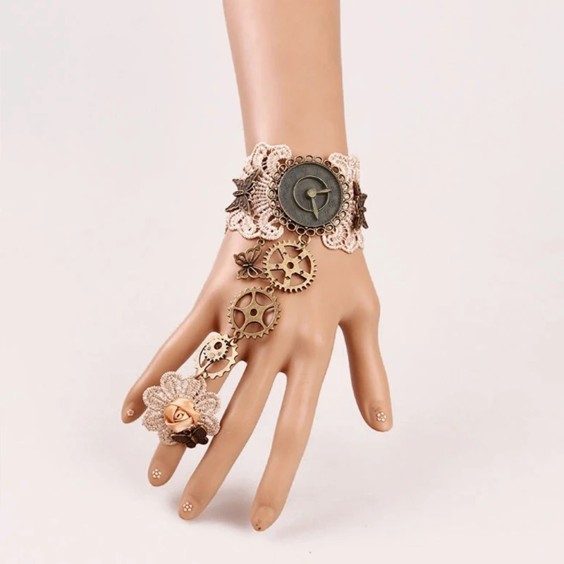 Women Bracelet Rings in 2 Colors with Gear Clock Wrist Guard and Adjustable Rings with Long Bracelet Women Cosplay Props