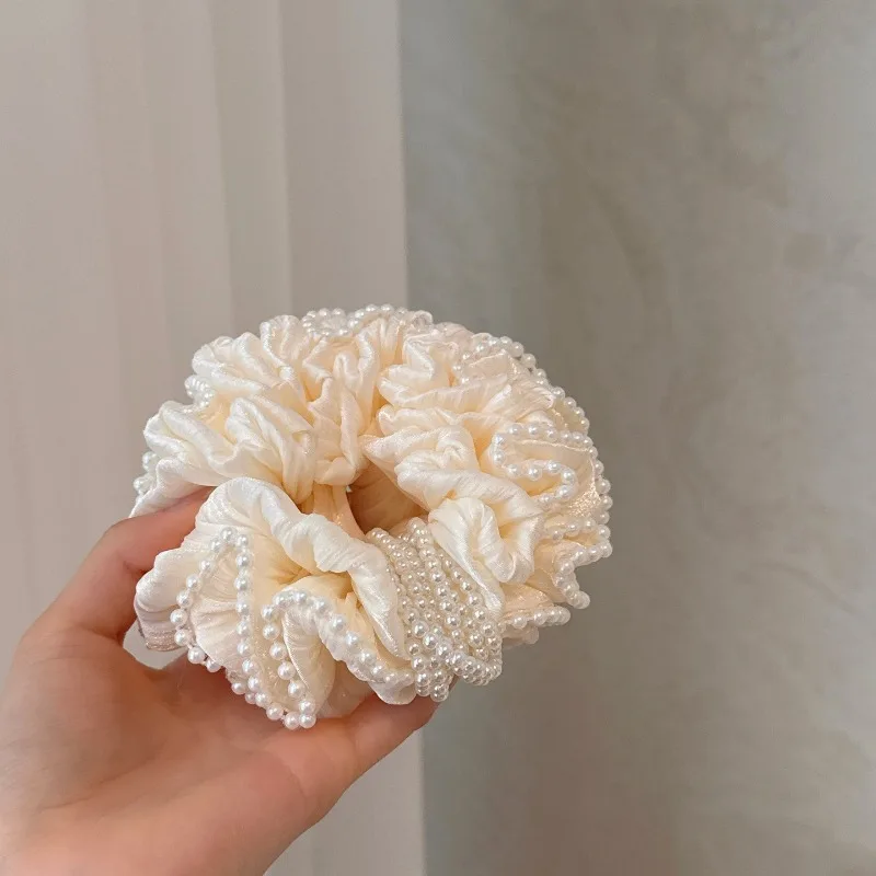 

Luxury Pearl Flower Hair Scrunchie, Large Beige Ruffle Hair Tie, Elegant Women Hair Accessories for Daily Wedding