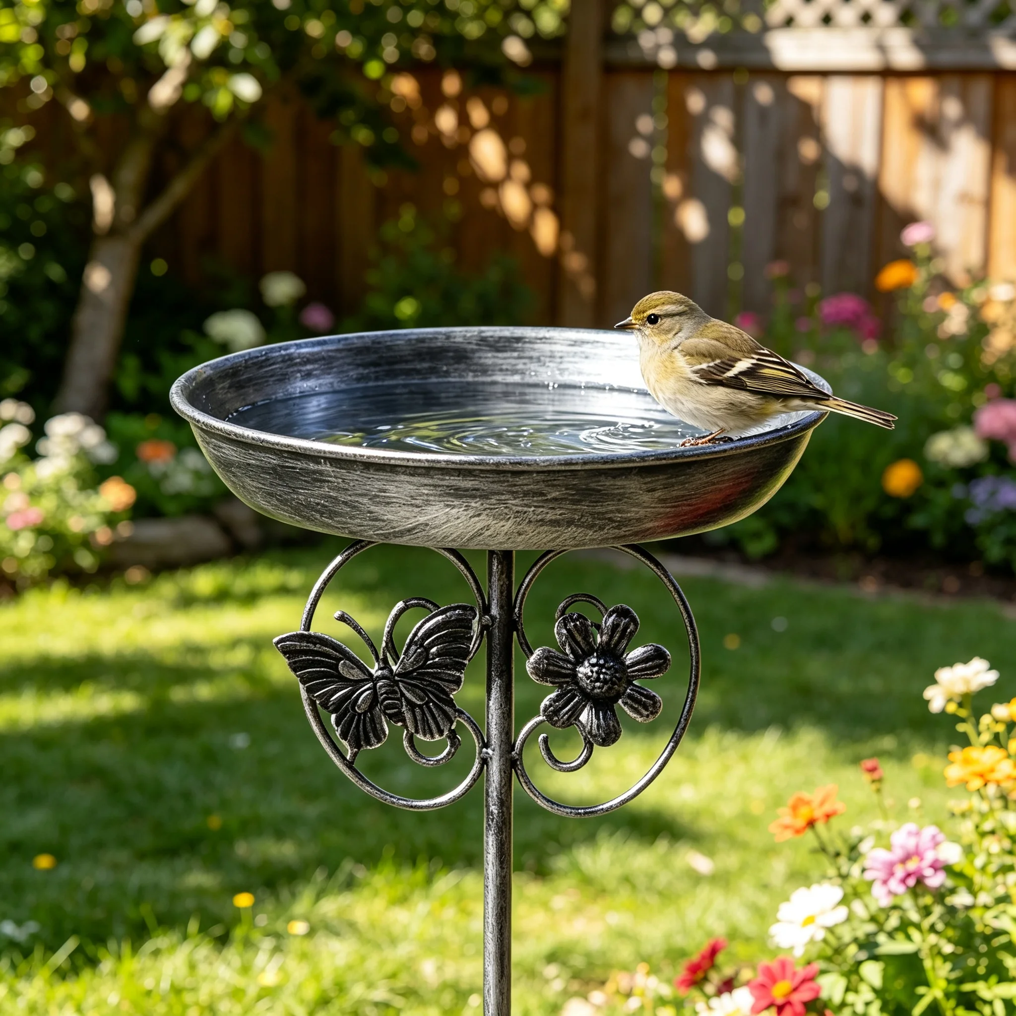 Vintage Copper Iron Bird Bath Feeder 2 in 1, Rustproof Garden Decor with Anti-Slip Stake