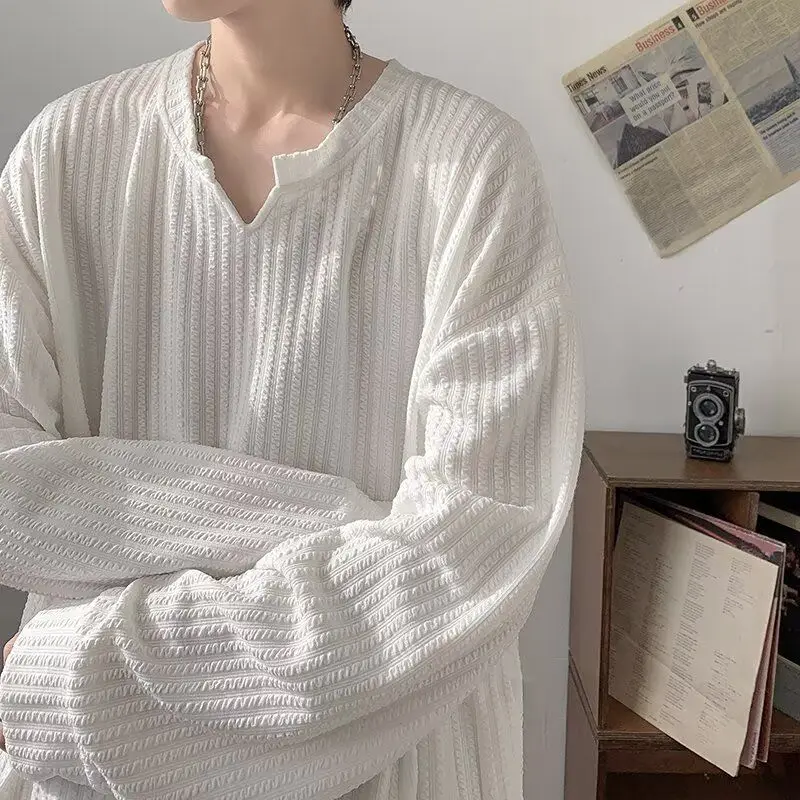 

Loose Long Sve V-Ne T-irt Men's Spring Autumn Trendy Brand High-End Feeling Inner Wear Base irt Textile Polyester