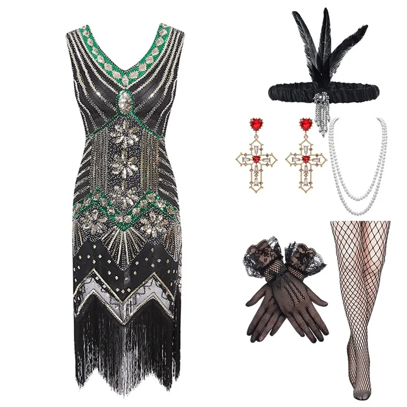 1920s Vintage Flapper Girls Gatsby Party Dress For Women Fiveshell Sleeveless Sequin Tassels Dresses With Necklace Accessories