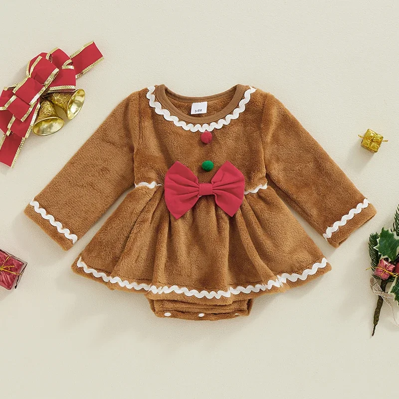 Baby Girls Christmas Romper Dress Long Sleeve Gingerbread Jumpsuits for Newborn Infant Toddler Fashion Xmas Bodysuits Clothes