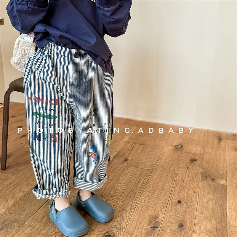 2024 Spring New Children Loose Trousers Cotton Baby Girls Striped Casual Pants Toddler Boys Versatile Harem Pants Kids Clothes