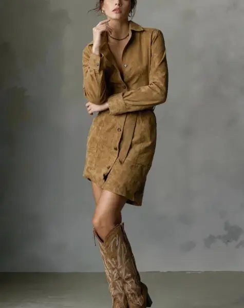 

Women's Retro Style Lapel Waist Cinched Mid Length Dress with Double Pocket Design and Single Breasted Waistband Dress