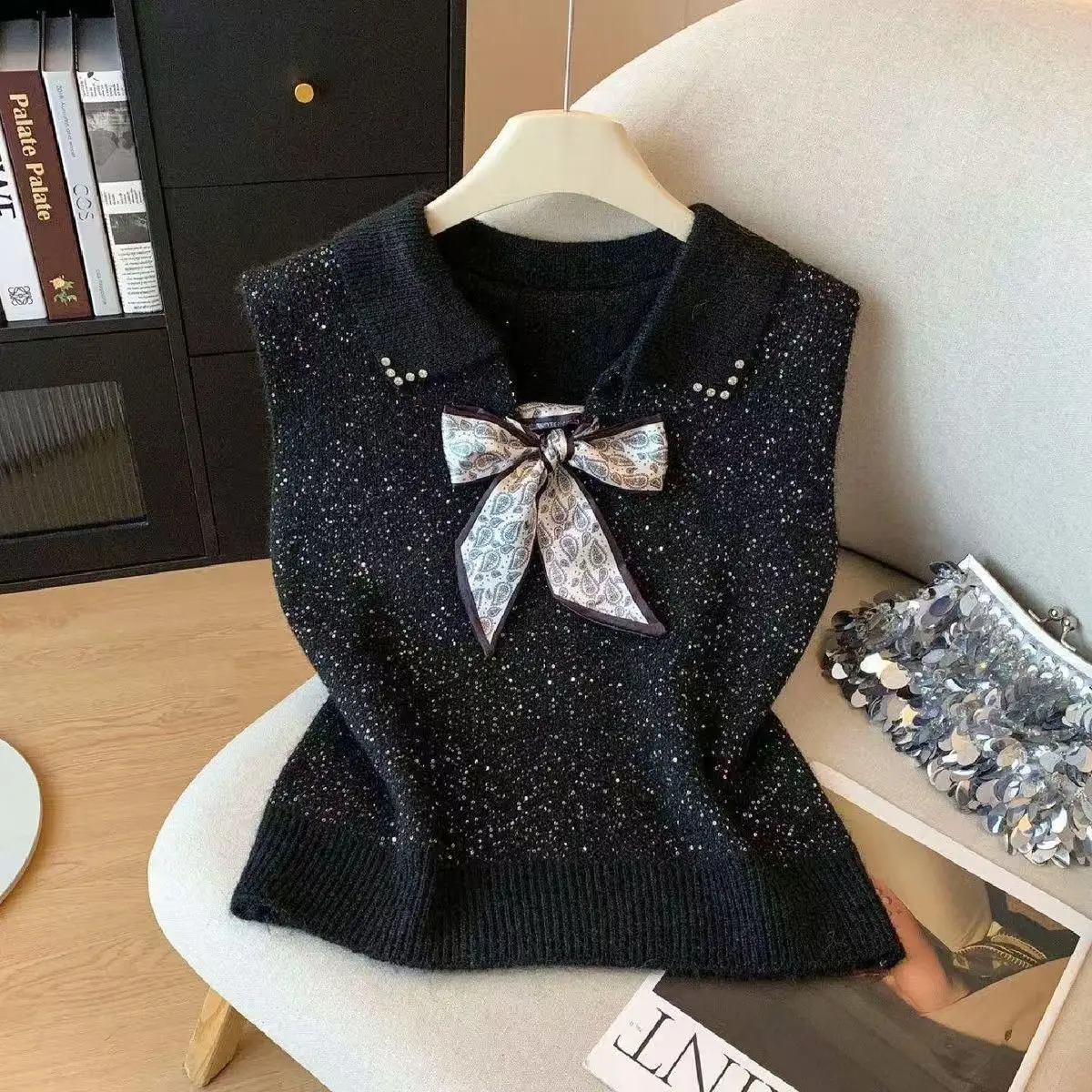 Autumn Winter Black Sparkling Sweater Vest Women Slim Sleeveless Polo Shirts Bow Knitted Vest Waistcoat Jumpers Female Pullover