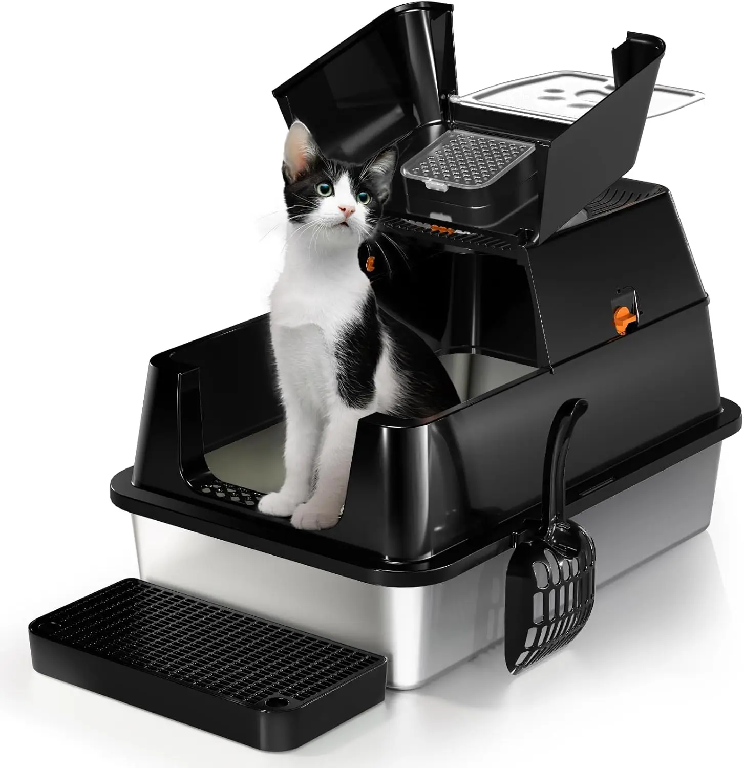 

Extra Large Stainless Steel Cat Litter Box with Lid, 180° Flip-Top, High Sides, Easy Clean, Odor Control, Non-Sticky