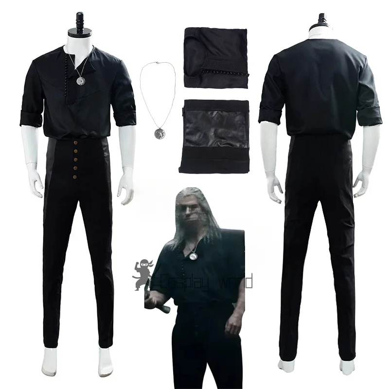 

Костюм для косплея Геральта из Ривии, повседневная рубашка, мужской черный костюм, карнавальный костюм на Хэллоуин, на заказ