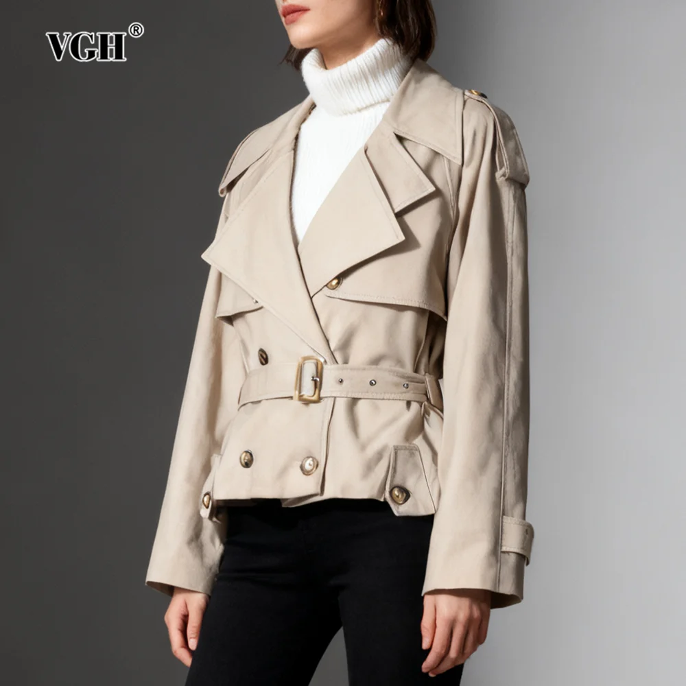 

VGH British Style Solid Loose Jackets For Women Lapel Long Sleeve Spliced Belt Autumn Designer Double Breasted Jacket Female New