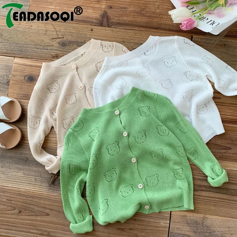 Fashion Baby Boys Girls Kids Summer Air-Conditioned Cardigan Solid Color Knitted Tops Hollow-Out Bear Sweater Coat Children 0-6Y