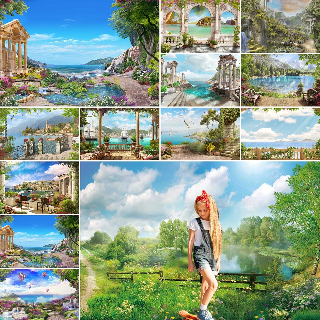 

MOON.QG Western Pastoral Backdrops For Photography Sunshine Stone Arches Flower Photo Background Portrait Photo Accessories