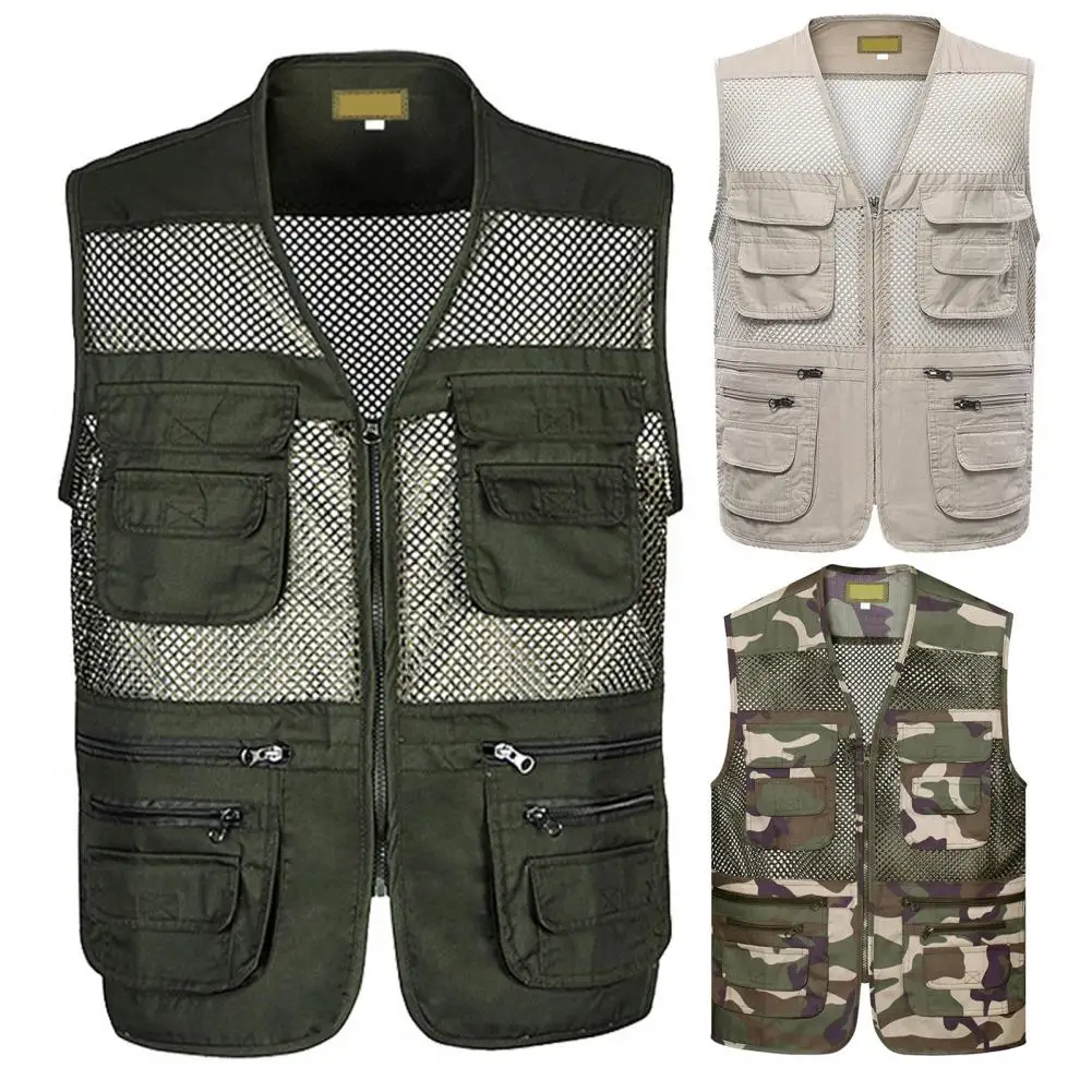 Summer Vest Thin Hollow Out Mesh Outdoor Sports Zipper Closure Jacket Sleeveless Waistcoat Casual Lightweight Work Wear Camping