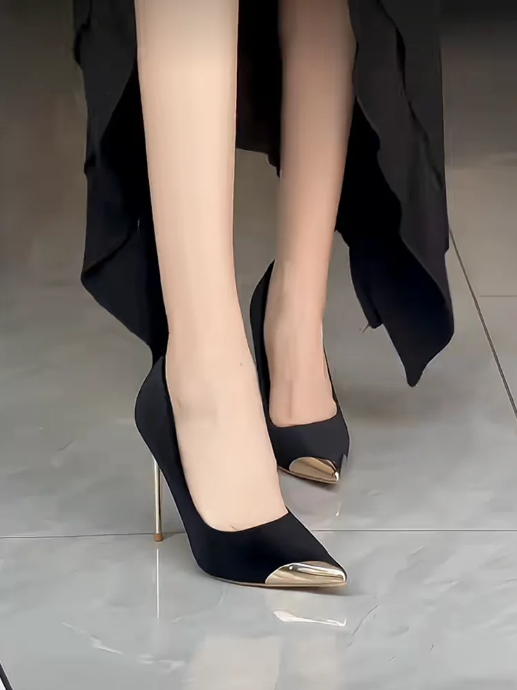 حذاء Bla بكعب عالٍ معدني بمقدمة مدببة للنساء، سطح مخملي، كعب رفيع، مثير سهل الارتداء، فردي لربيع Au... #4