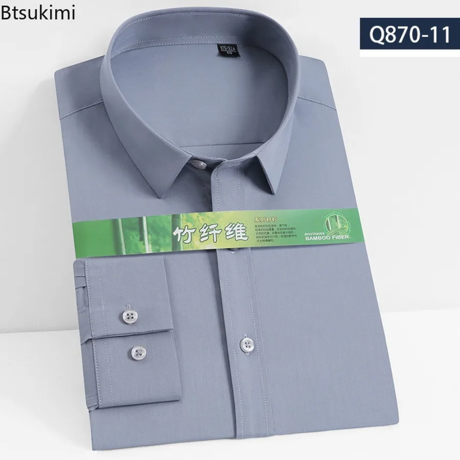 

Новые мужские рубашки в полоску из бамбукового волокна высокого качества с длинным рукавом, облегающие, без железа, против морщин, социальная однотонная рубашка, мужская