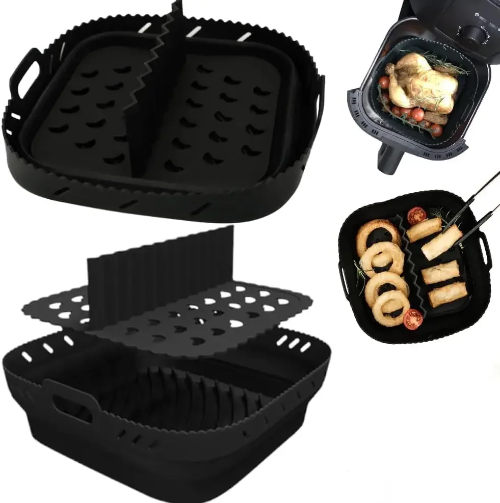 Square Silicone Air Fryer Liner with Divider Non-Stick Easy to Clean Dishwasher Safe Food Riser Holder